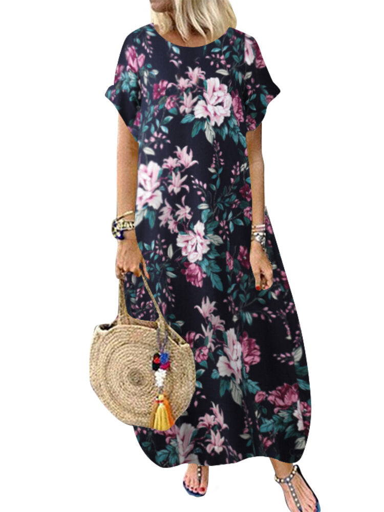 Women 100% Cotton O-Neck Floral Print Leisure Dress With Side Pockets