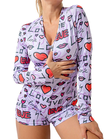 Plus Size Women Heart & Letter Print V-Neck Long Sleeve Onesies Sleepwear Rompers