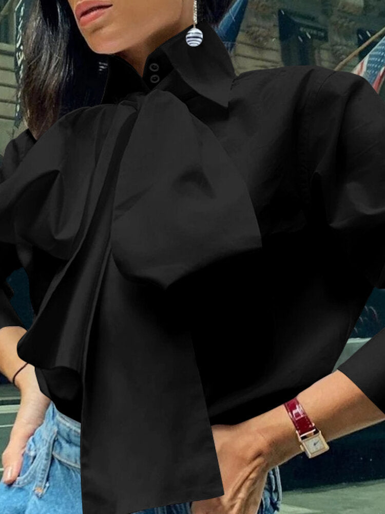 Women Solid Color Bow Neck Casual Long Sleeve Shirts