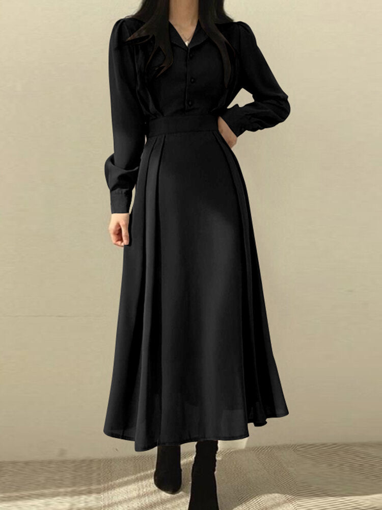 Solid Elastic Waist Button Long Sleeve Lapel Maxi Shirt Dress