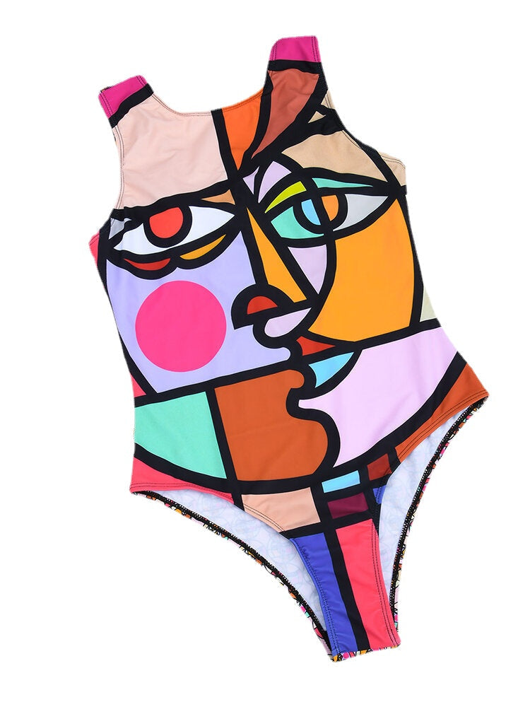 Women Abstract Figure Print Wide Straps Backless Beach One Piece