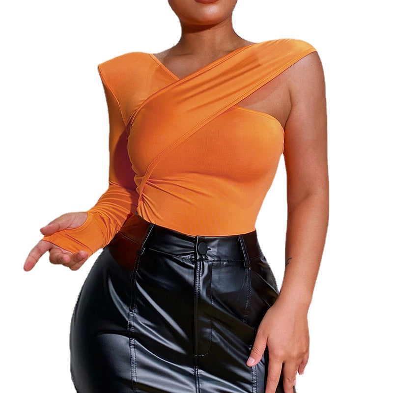 Asymmetric T-shirt Long Sleeve Slim-Fit Padded Shoulder Splice Top