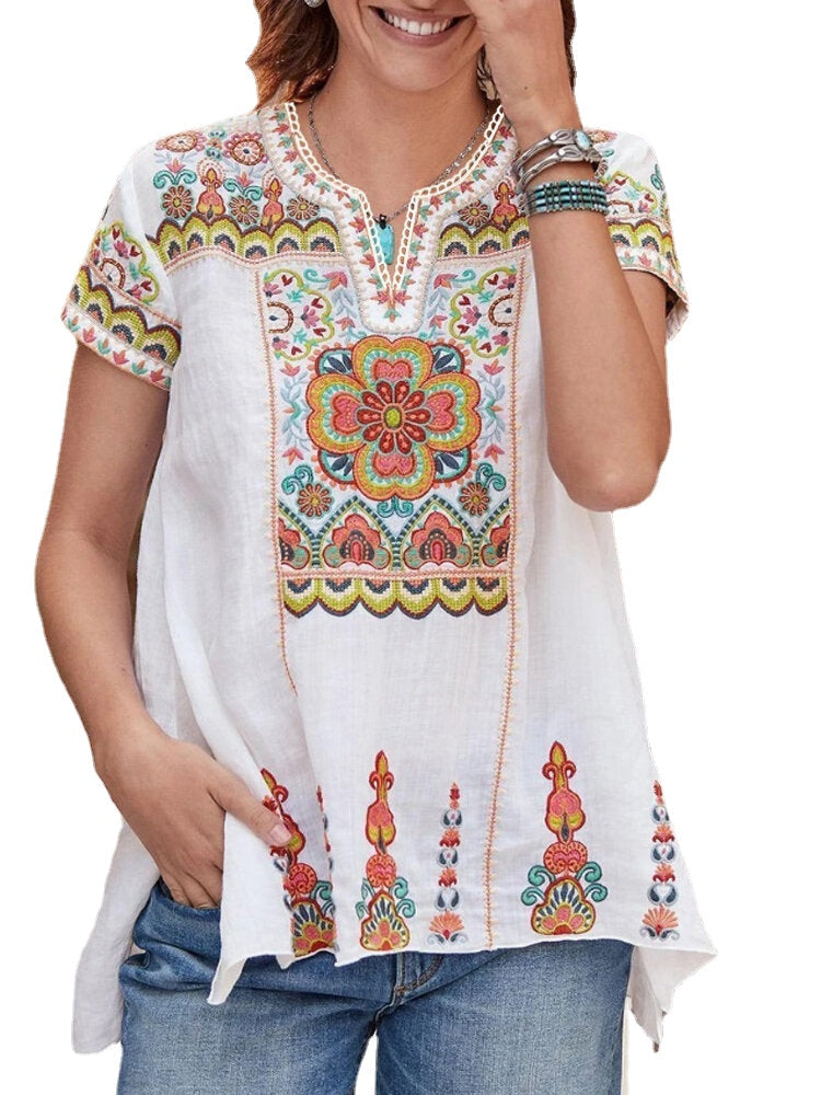 Women Ethnic Print Short Sleeve V-Neck Slit Hem Bohemian T-Shirts