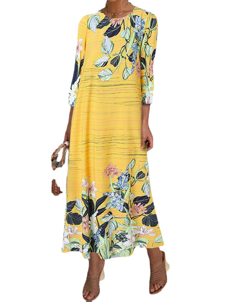 Women Plants Flowers Print O-Neck A-Line Loose Casual Maxi Dress With Pocket