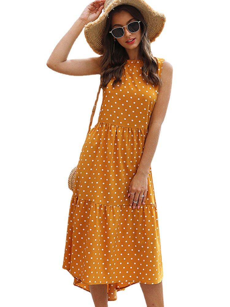 Polka Dot Print Sleeveless High Low Hem High Waist Dress