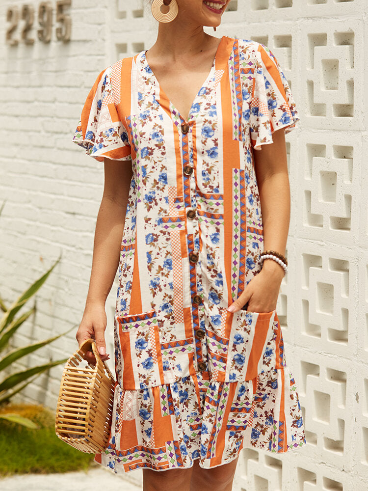 Women Print V-neck Ruffled Short Sleeve Pockets Summer Dress