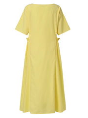 Casual Solid Color Round Neck Pleated Pocket Plain Maxi Dress