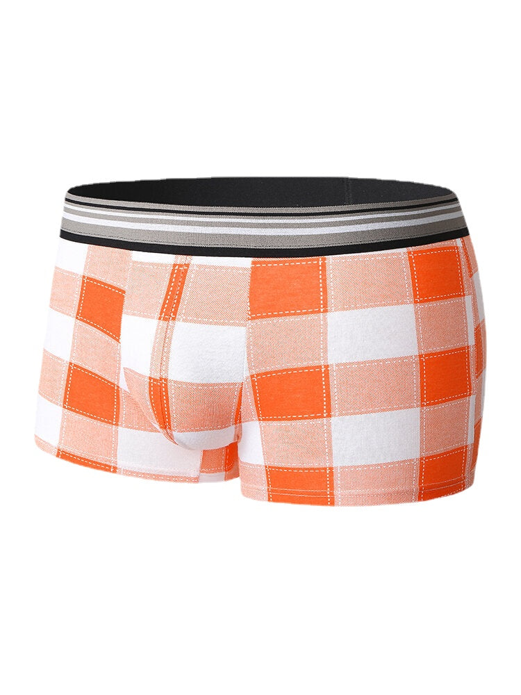 Mens Cotton Classical Plaid Print Home Breathable Mid Waist Boxers