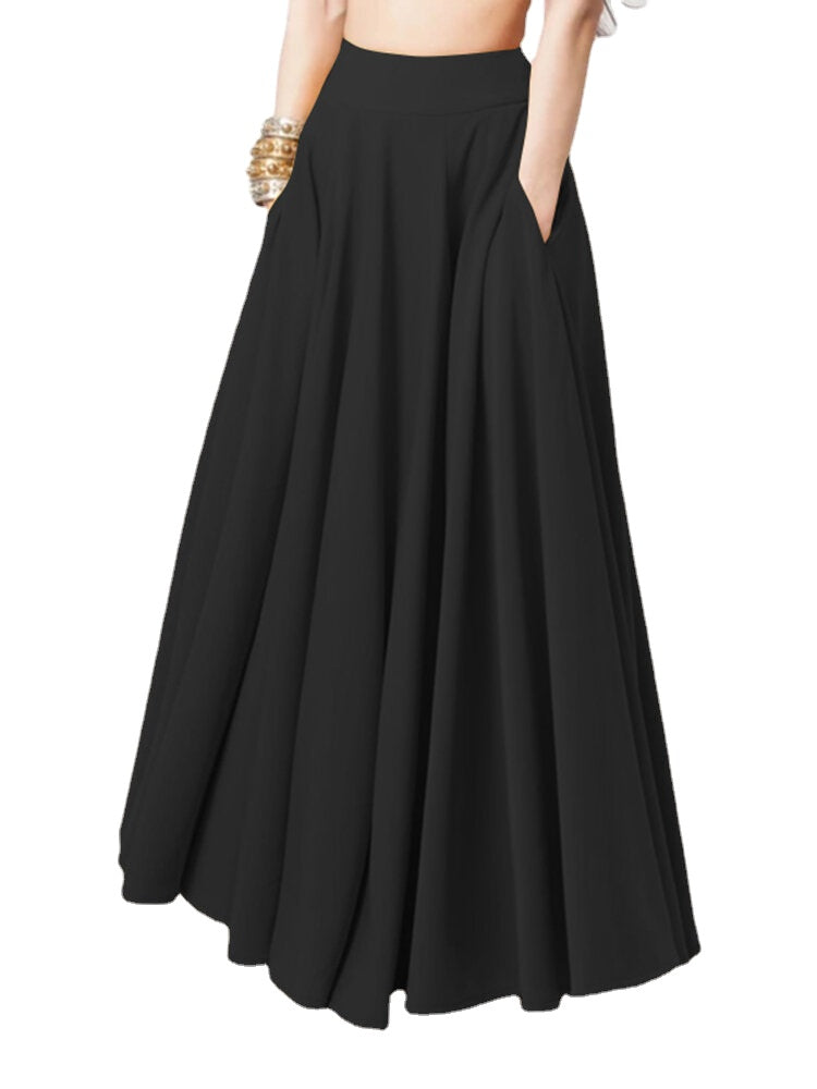Women Solid Color A-Line Elastic Waist Casual Swing Skirts With Pocket