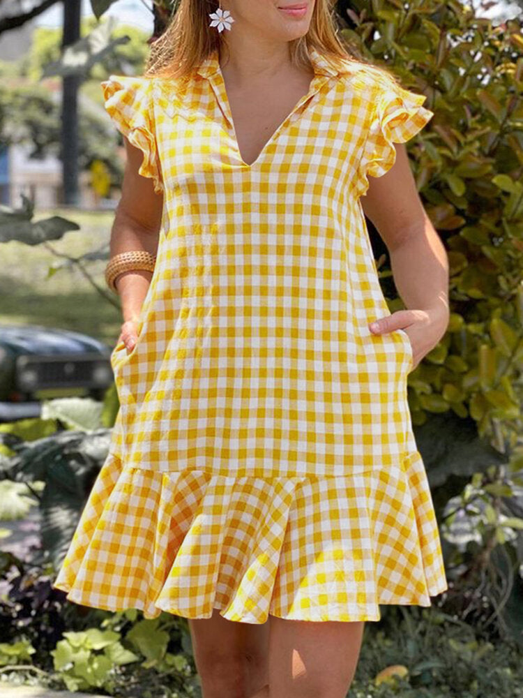 Lapel Plaid Ruffles Side Pocket Summer Dress For Women