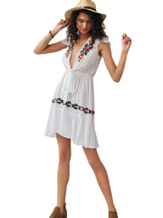 Women Floral Embroidered Bandage V-Neck Bohemian Ethnic Slim Dress