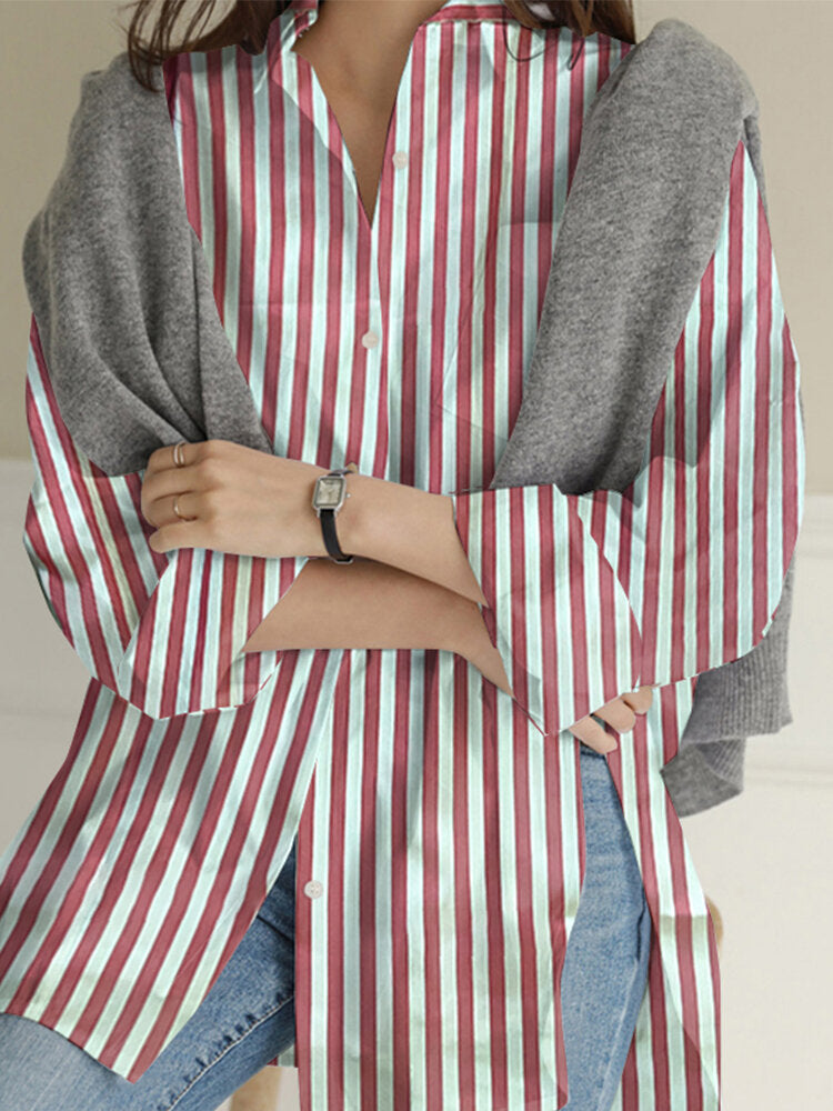 Women Vertical Stripe Print Split Irregular Hem Long Sleeve Casual Shirt With Pocket