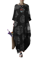 Women Retro Cotton Print 3/4 Sleeve Loose Baggy Casual Maxi Dresses With Pocket