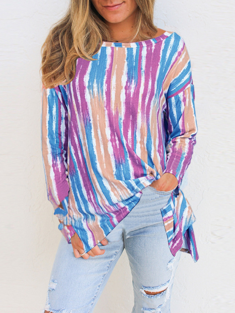 Women Watercolor Stripes Print O-neck Long Sleeve Blouses