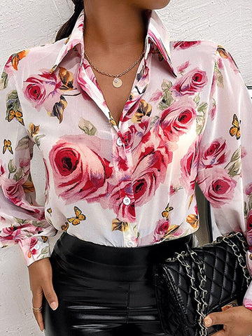 Lantern Sleeve Flower Button Lapel Rose Print Shirt