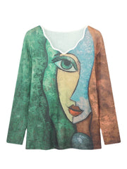 Women Portrait Abstract Art Print Asymmetrical Collar Long Sleeve Casual Blouse