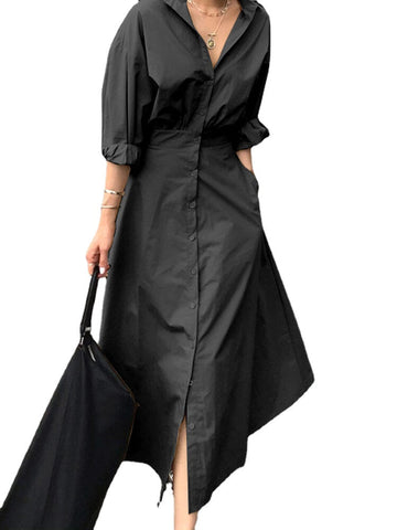 Women Puff Sleeve Pleated Solid Color Lapel Collar Buttons Calf Length Midi Dresses