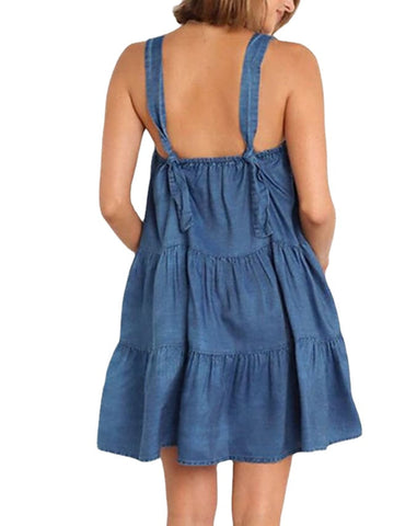Women's Sleeveless Pure Color Ruched Square Neck Stylish Swing Denim Dress