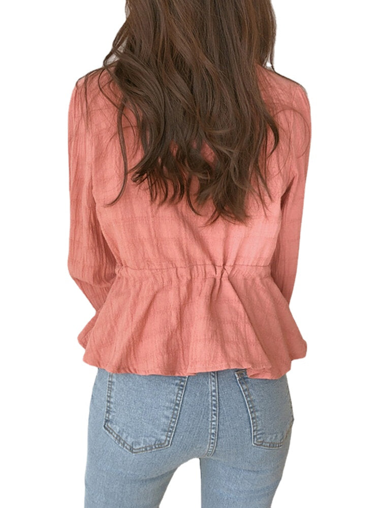 Solid Drawstring Flounce Sleeve Button V-neck Blouse