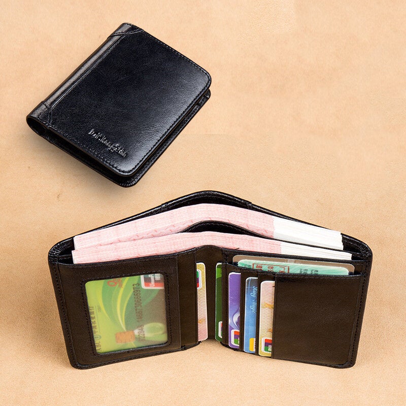 Men RFID Blocking Secure Wallet Fashion Vintage Purses Genuine Leather Tri-fold Short