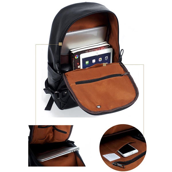 MK Men Faux Leather Fashion Leisure Backpack USB Charging Travel Bag