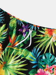 Mens Tropical Pineapple Print Holiday Mid Length Drawstring Shorts