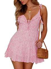 Women's Sleeveless Floral Ruffle V Neck Slim Dress