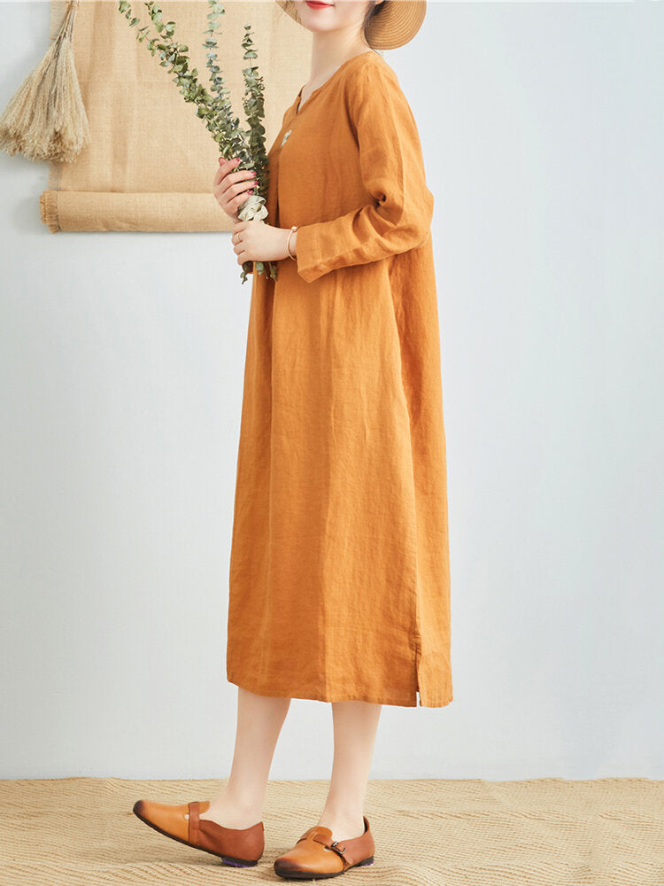 Women Pure Color Cotton Linen V-Neck Long Sleeve Dress with Pockets