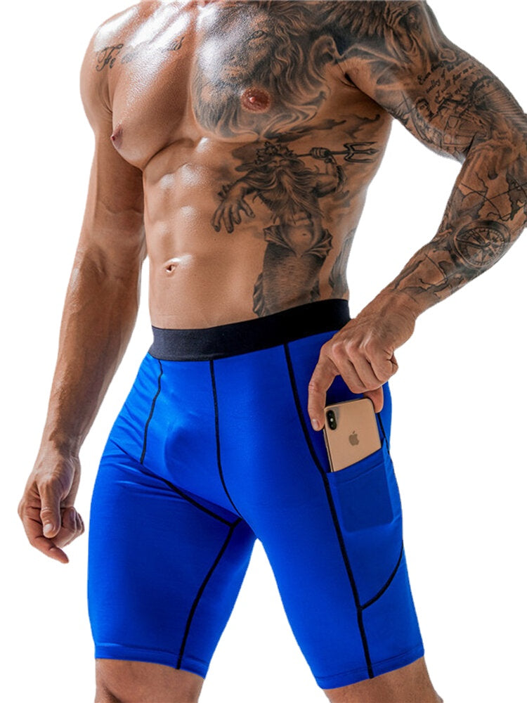 Men Stretch Slim Sport Quick Dry Pocket Mid Waist Breathable Thin Fitness Shorts