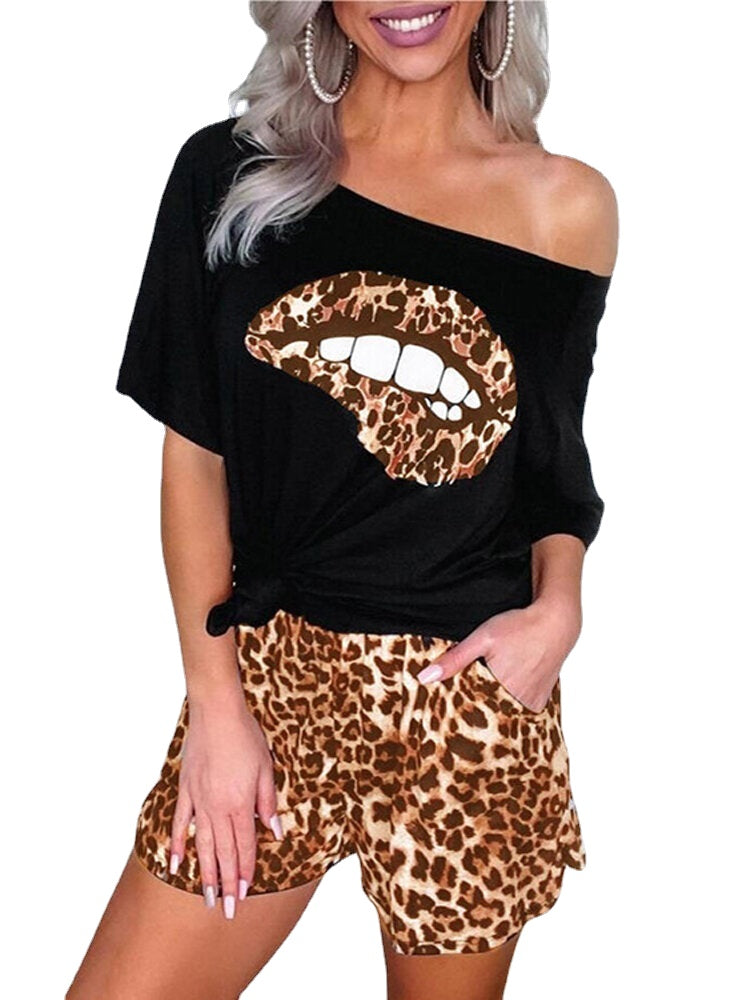 Casual Off Shoulder SLips Print T-shirts Leopard Print Shorts Two Pieces Sets
