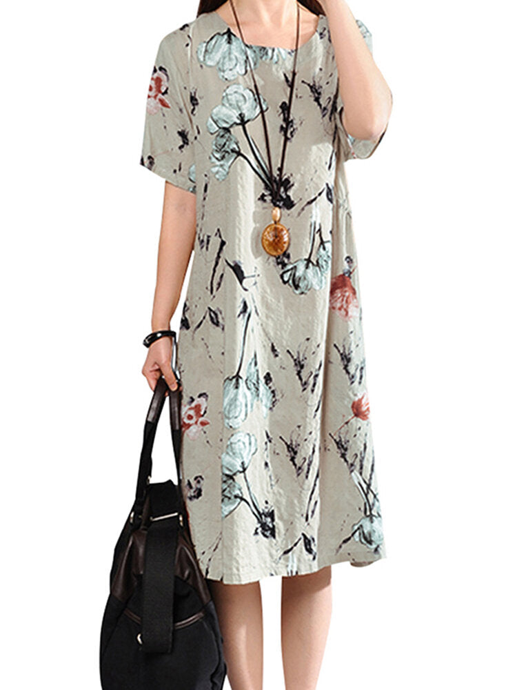 Retro Floral Print Two Pockets Loose Casual Dress For Women