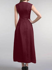 Solid Ruched Sleeveless Zip Casual Cotton Maxi Dress