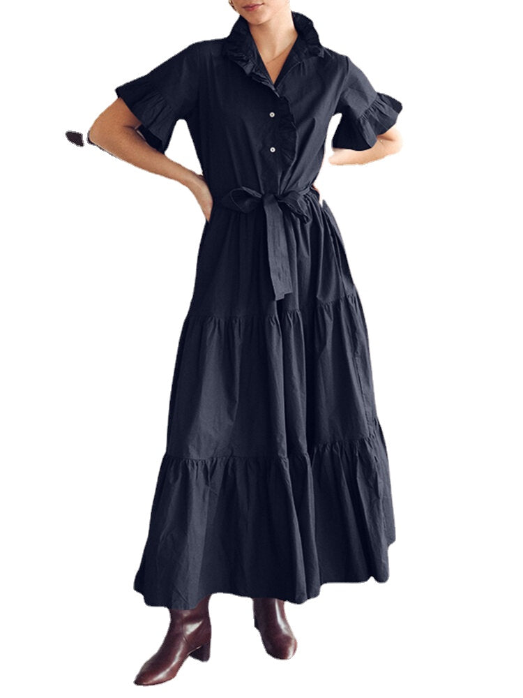 Casual Solid Color Lapel Collar Button Belted Pleated Ruffles Maxi Dress