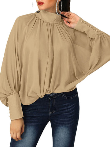 Women Plus Size Vintage Stand Collar Pearl Puff Sleeve Loose Casual Solid Color Blouses