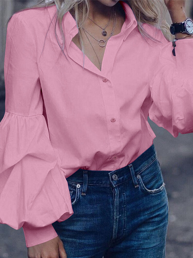 Solid Color Turn-down Collar Long Puffs Sleeve Blouse For Women