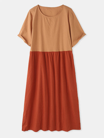 Casual Color Block Round Neck Stitching Maxi Dress With Pocket