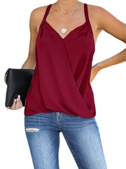 Casual Burgundy Halter V-neck Sleeveless Front Cross Elegant Tank Top