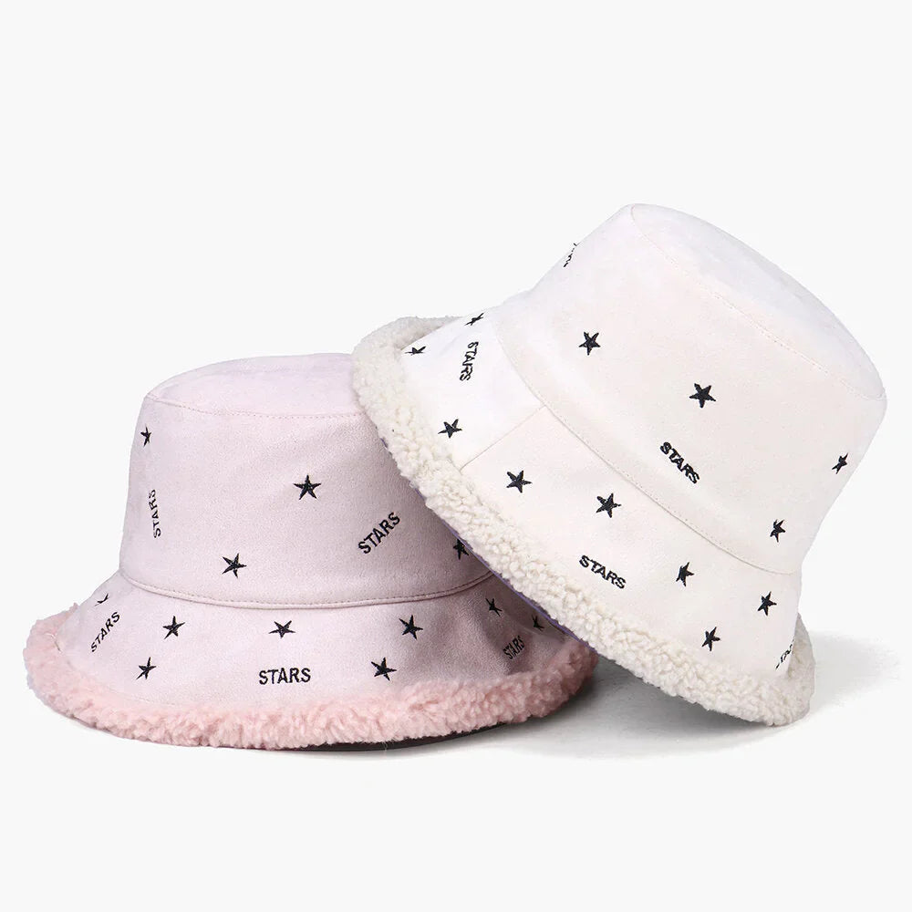 Women Cashmere And Suede Warm Soft Embroidery Stars Outdoor Bucket Hat