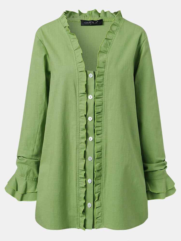 Women Green Ruffle Trim Long Sleeve Drawstring Button Casual Blouse