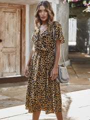 Flouncing Leopard Print Short Sleeve V-neck Casual Dress For Women
