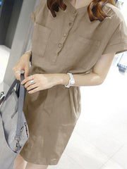 Solid Pocket Button Front Casual Dress With Belt