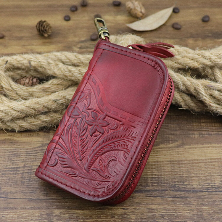 Men Genuine Leather Vintage Printed Car Key Bag Wallet