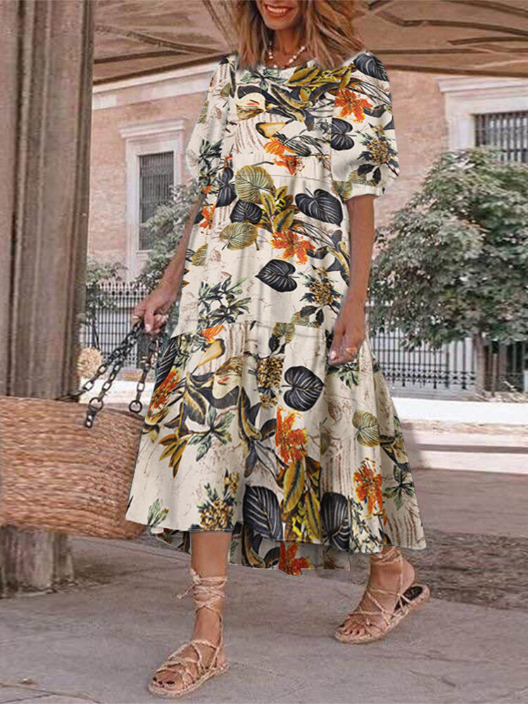 Women 100% Cotton Puff Pleeve Printed Flower Elastic Cuff Short Sleeve Midi Dress