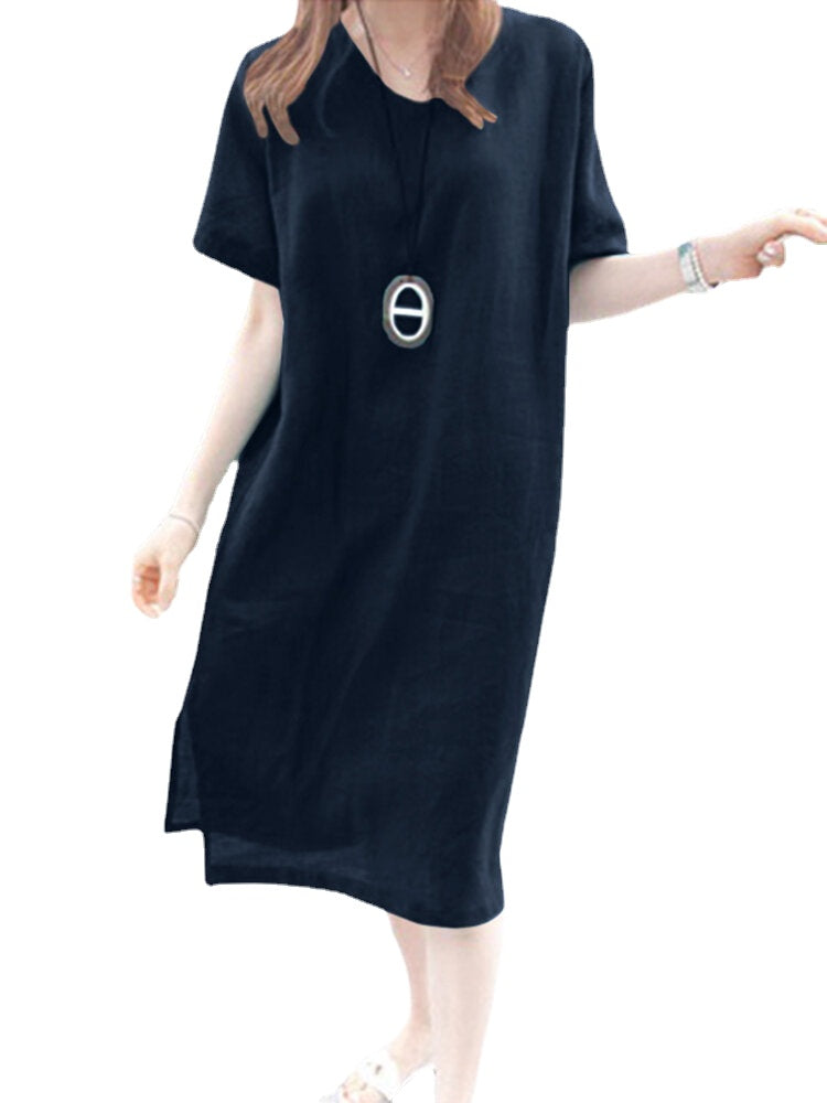 Solid Split Round Neck Short Sleeve Casual Cotton Midi Dress