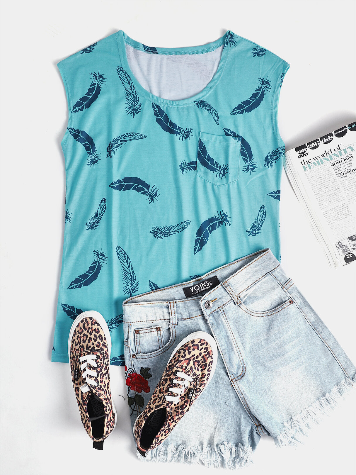 Feather Print Round Neck Sleeveless Loose Women Casual Tank Top