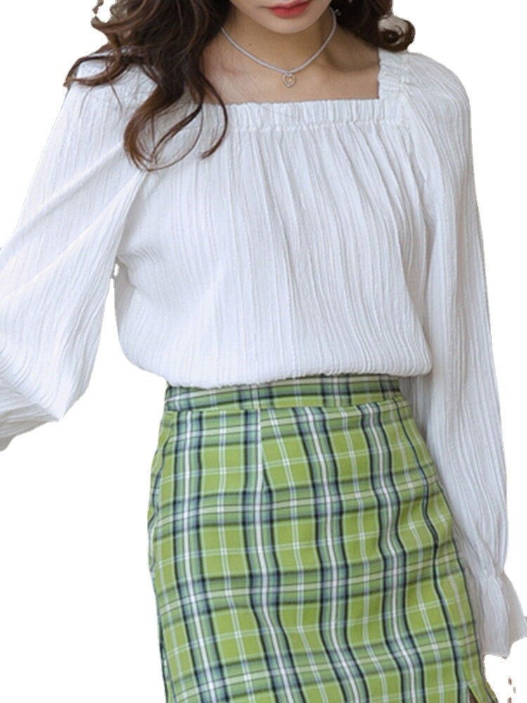 Solid Color Long Sleeve Square Collar Ruffled Blouse For Women