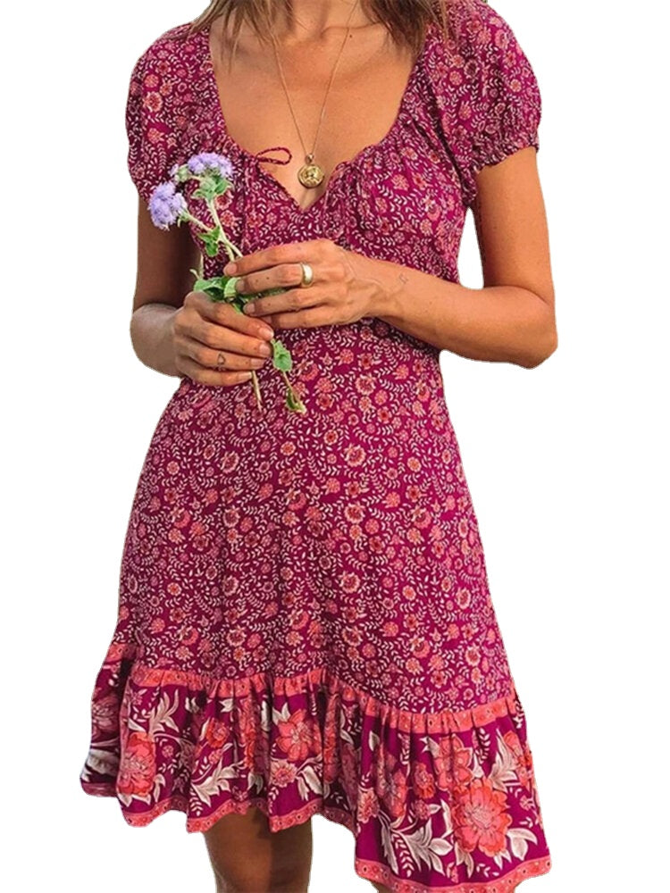 Women's Bohemian V-Neck Floral Spliced Short Sleeve Casual Mini Dress