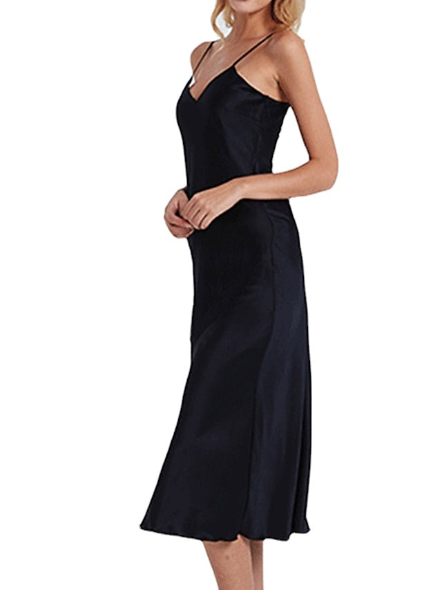 Women's Shift Dress Slip Dress Midi Dress Basic Casual Backless Solid Colored Straps Home Lounge Black Champagne