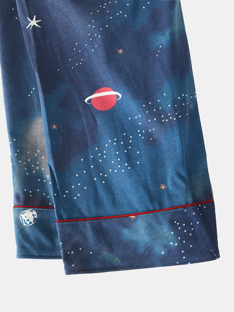 Women Starry Sky Print Cute Pullover Loose Elastic Waist Cartoon Home Pajama Set