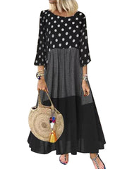 Women Stitching Design Polka Dot Side Pockets Maxi Dress